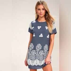 Lulus Riverside Slate Blue Floral Print Shift Dress size Small